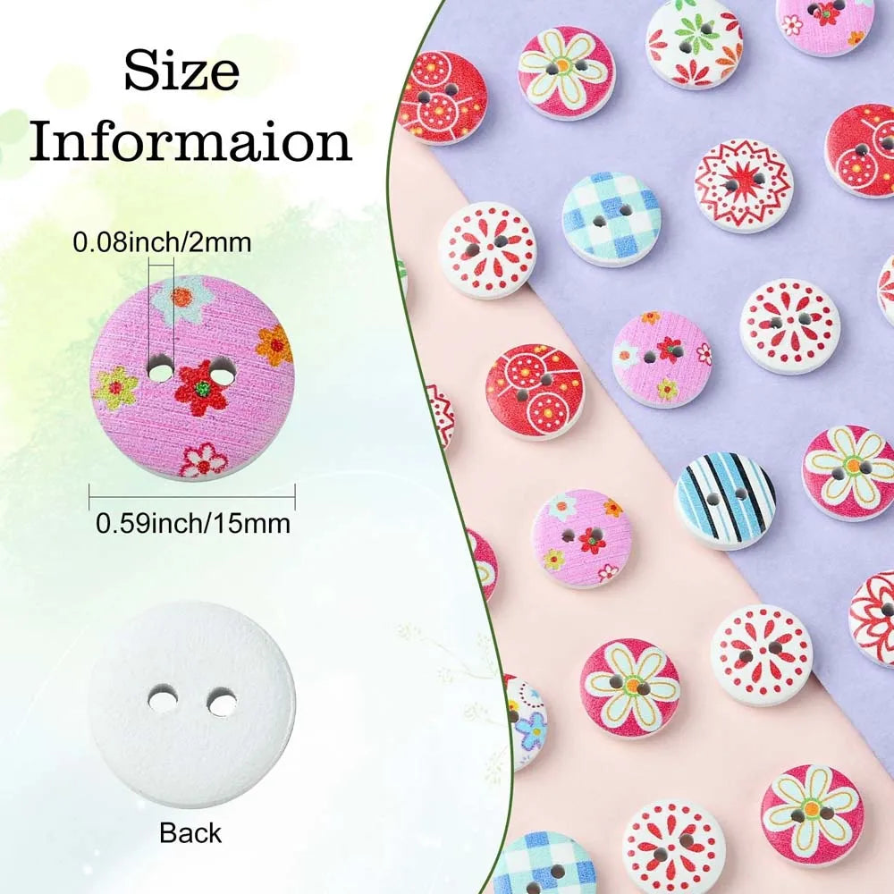 50/100pcs Mixed Round Multiple Patterns Flower Wood Button For Sewing Buttons Clothes Accessories Wood Crafts Decoration DIY Oasis Select