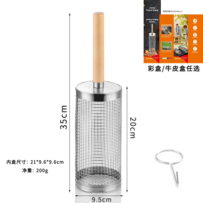 Round Barbecue Cage, Outdoor BBQ Smoking Cage, Portable Barbecue Stove, Rotating and Rolling Stainless Steel Cage Oasis Select Wooden handle small