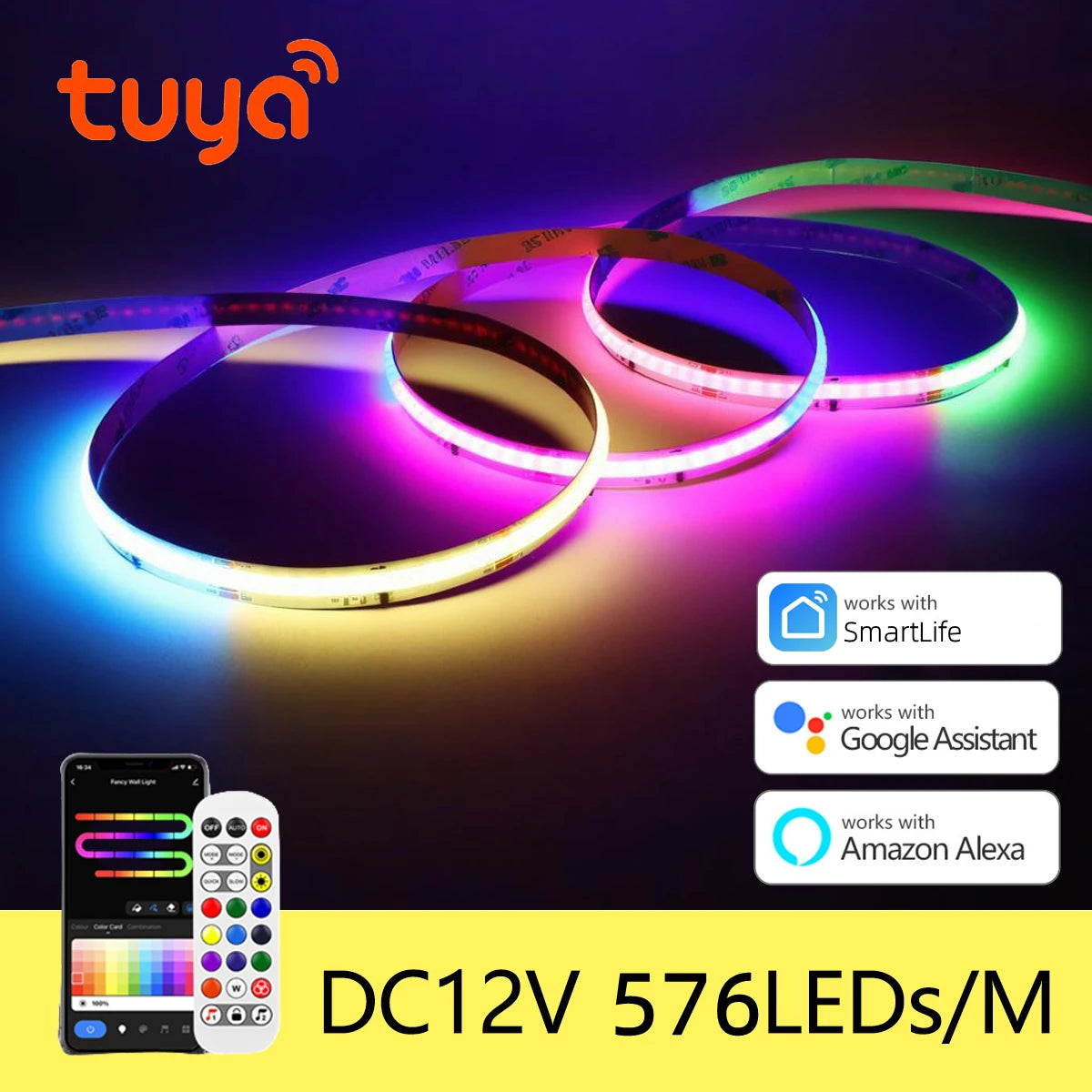 12V Tuya Smart Life App Control RGBIC COB LED Strip Light DIY Addressable WS2811 IC Flexible Tape Ambinet Light for Alexa Google Oasis Select