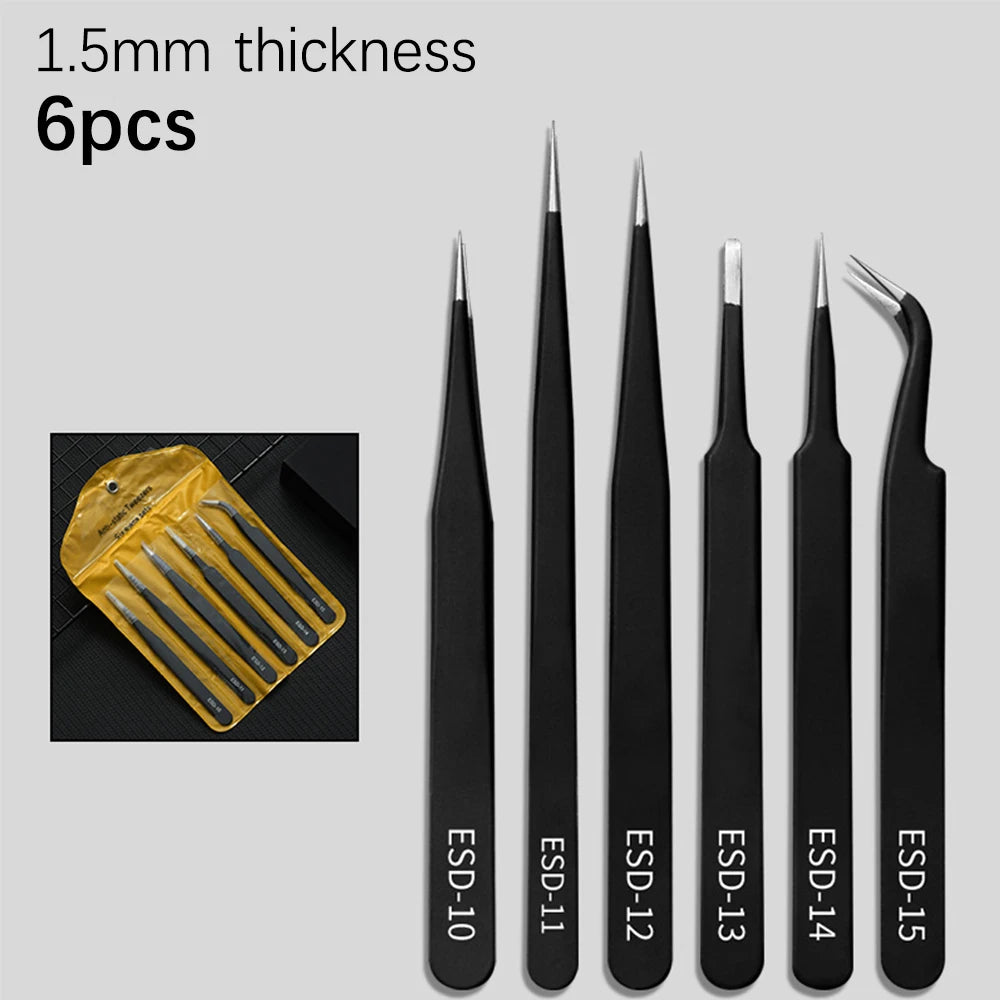 Precision ESD Anti-Static Tweezers Tool 6-10pcs Stainless Steel, 1.5MM Thick, for Electronics Repair Craft Modeling DIY Nail Art Oasis Select 6pcs