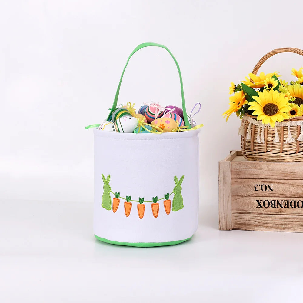Easter Egg Handheld Storage Basket, Canvas Easter Bunny Bags Eggs Hunting Carry and Candy Gift Bag Rabbit Print for Easter Party Oasis Select Green Other