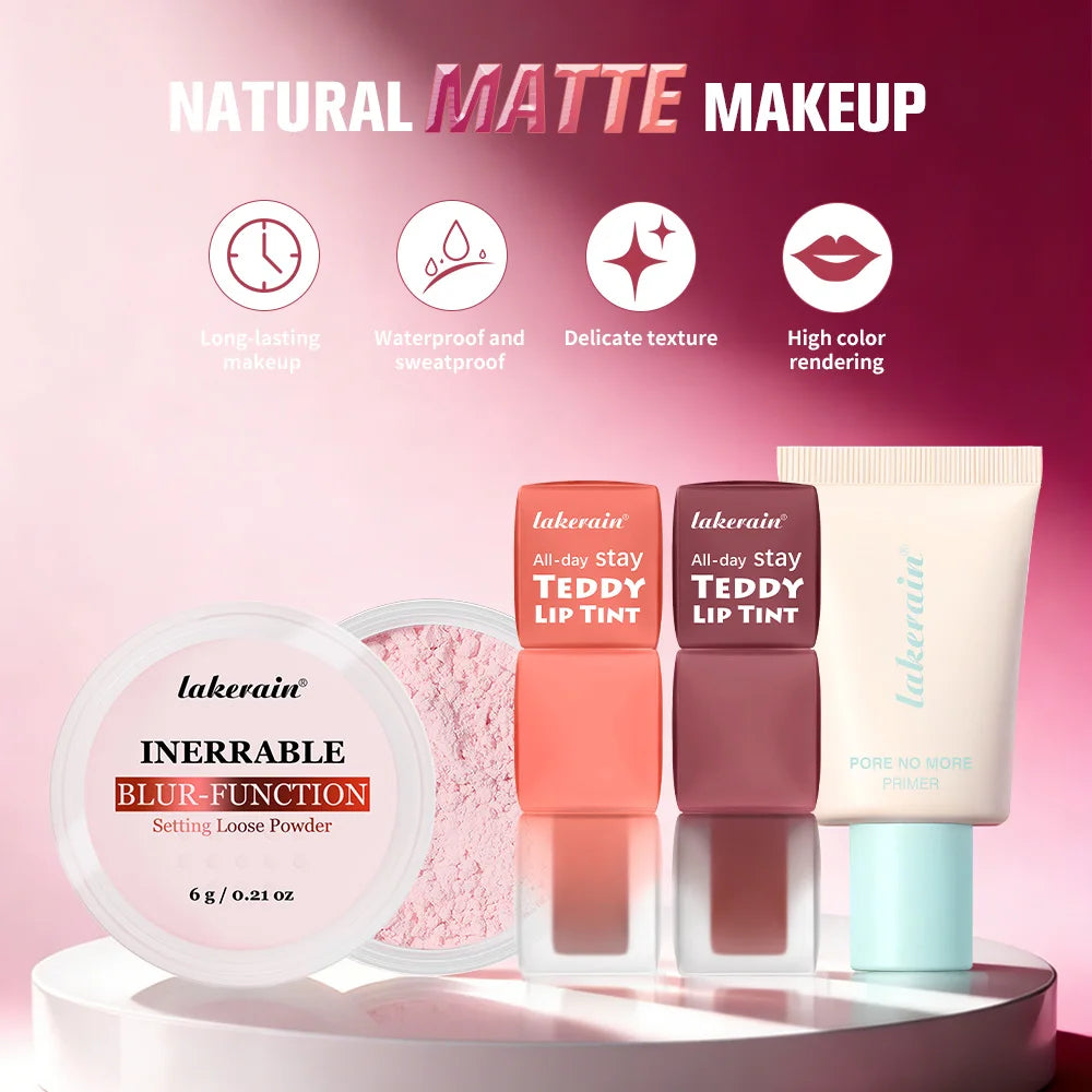 4pcs/set Pore No More Primer + Lip Tint + Loose Setting Powder Makeup Set Matte Long-Lasting Waterproof Effect Travel Portable Oasis Select
