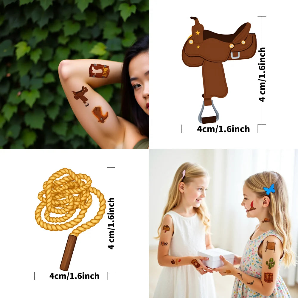 63-Piece Waterproof Temporary Tattoos – Western Cowboy Stickers