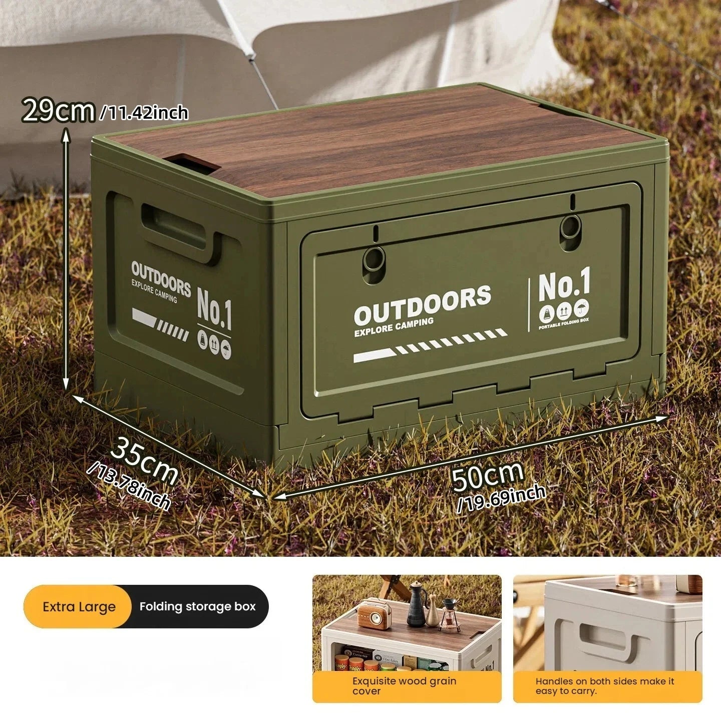 Rechargeable storage box, vehicle storage box, car trunk organizer box, large-capacity outdoor folding storage box Oasis Select L green-wooden