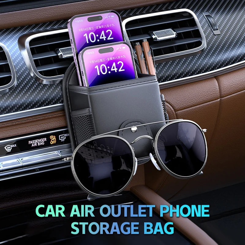 Stylish PU Leather Car Holder with Built-in Phone Mount; Accommodates Keys, Glasses & Other Accessories Oasis Select