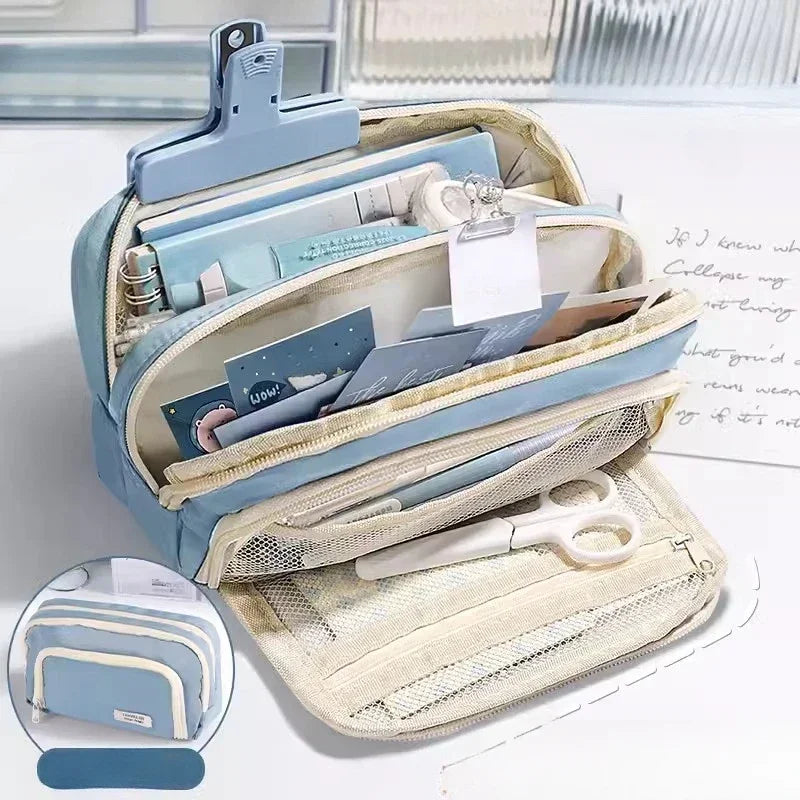 Japanese Minimalist Pencil Case Large Capacity Oxford Fabric Student Pouch for School Girl Teens Middle High School Supplies Oasis Select A-Blue