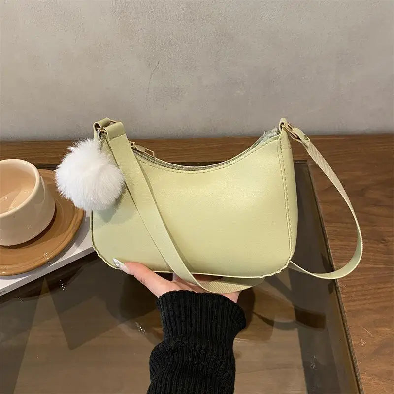 Women's PU Leather Hobo Shoulder Bag with Pom-Pom Charm