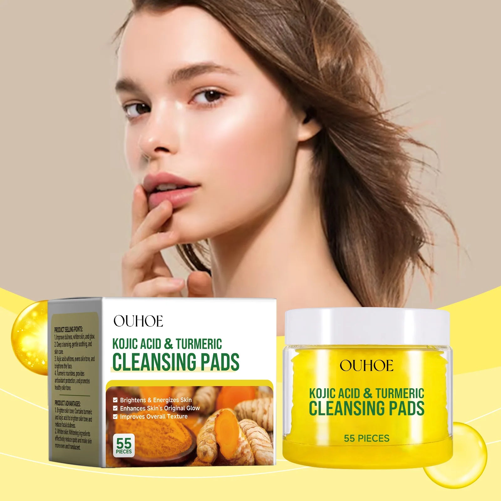 Turmeric Kojic Acid Facial Exfoliating Cleansing Pads Clogged Pores Oil Remover Glow Brighten Daily Lemon Facial Cotton Sponges Oasis Select