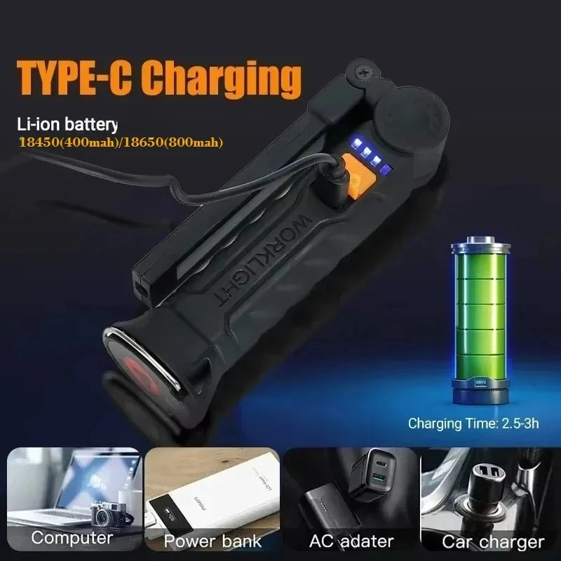 Portable COB LED Work Light – Magnetic, Hook, Rechargeable 350LM