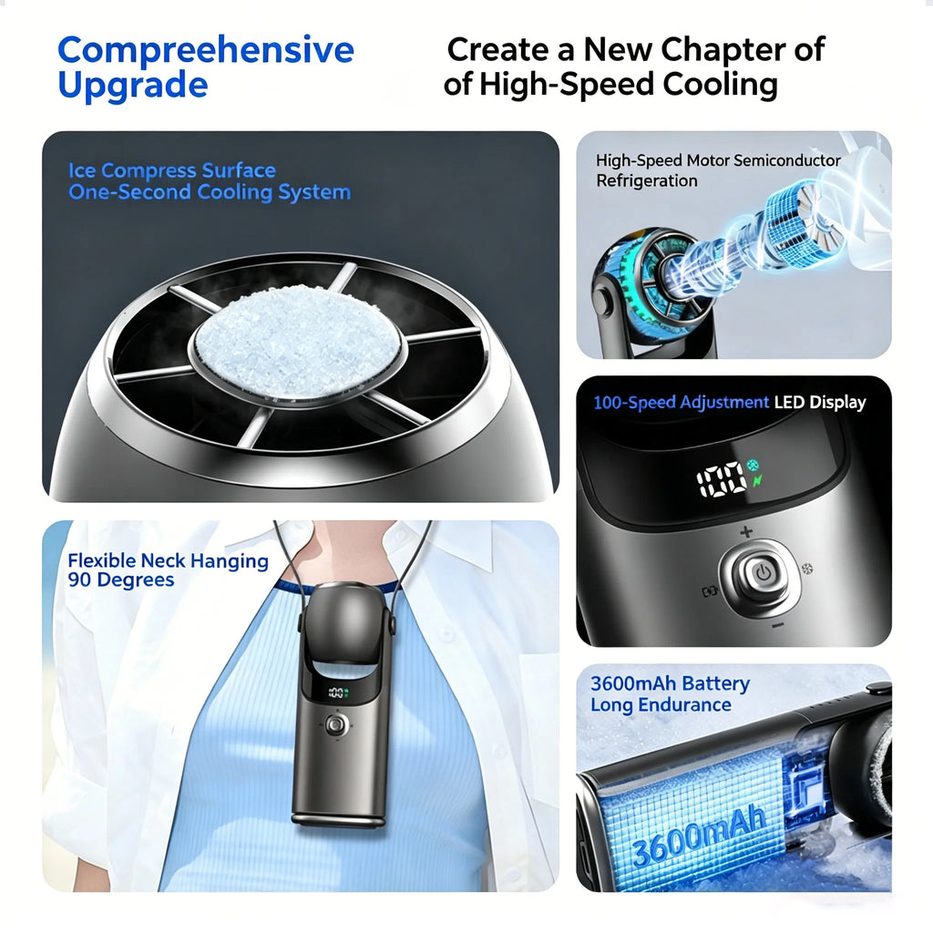 2026 New Semiconductor Cooling Handheld Fan 100 Speeds Ice Feeling Turbo Fan 3600mAh Rechargeable Neck Fan With LED Display Oasis Select