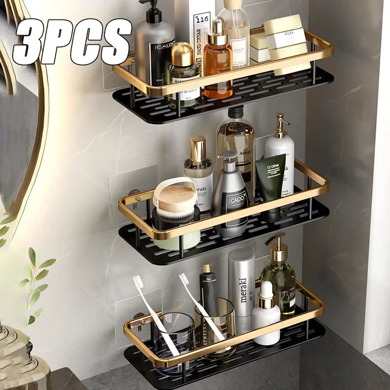 1-3 Piece Bathroom Shelves Drill-Free Shower Organizer Shelf Bathroom Toilet Space Aluminum Corner Shelf Bathroom Accessories Oasis Select Black Gold 3PCS