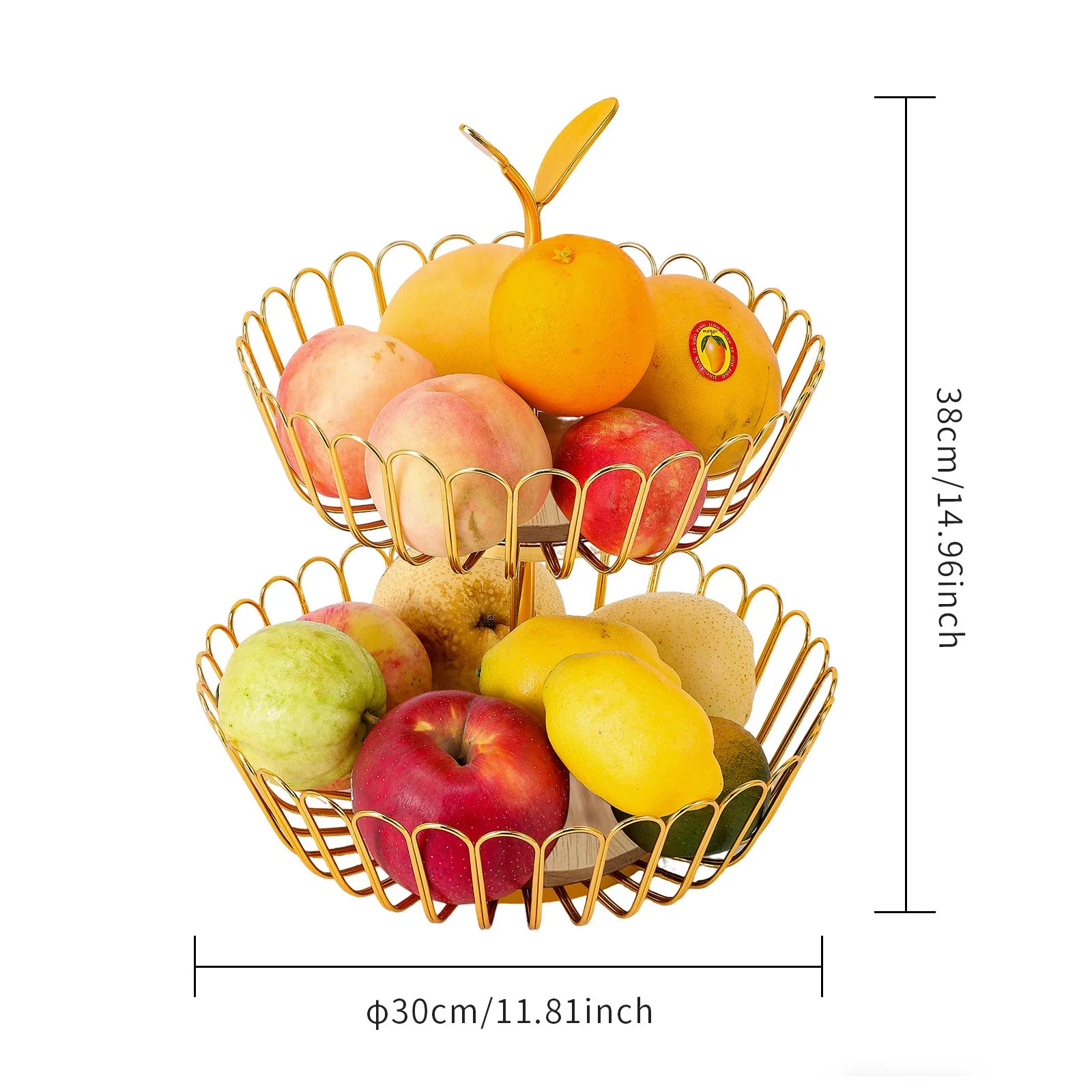Kitchen double-layer fruit basket removable wooden bottom fruit plate hand basket living room wrought iron candy snack plate Oasis Select Gold leaf bud