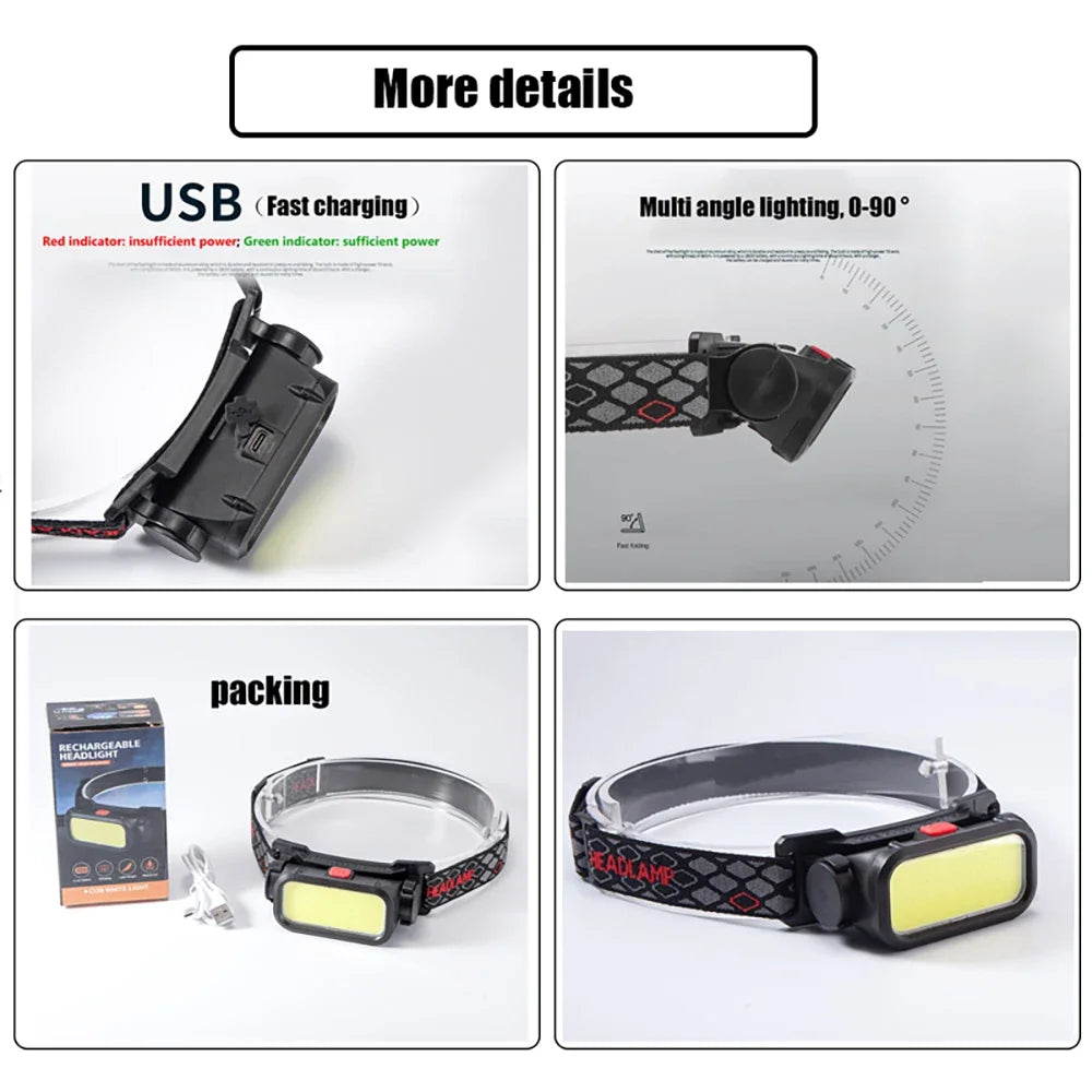 Super Bright COB LED Headlamp 4 Lighting Modes Rechargeable Headlight Outdoor Waterproof Head Lamp with Built-in Battery Oasis Select