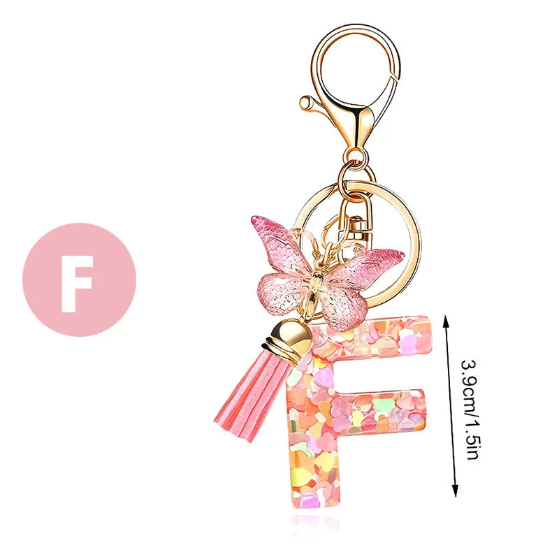 1pc Pink Glitter Letter Keychain with Heart Butterfly Tassel Crystal Resin Charm Fashion Accessory Gift for Women & Girls Oasis Select F