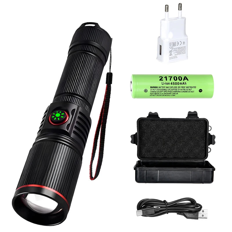 Ultra Bright LED Aluminum Alloy Flashlight USB Rechargeable Telescopic Zoom Torch Outdoor Stepless Dimming Camping Flashlights Oasis Select Set D ZOOM
