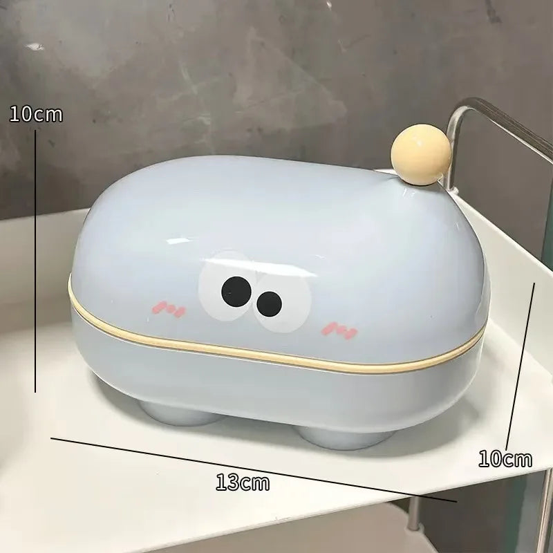 Flip-top Soap Box Big-eyed Cute Household Draining Soap Holder with Lid Cartoon Soap Box for Student Dormitorie Bathroom Storage Oasis Select Blue