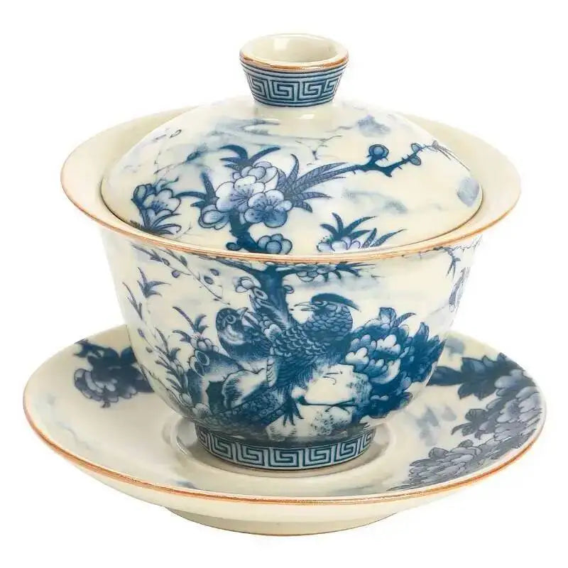 Antique Ru Kiln Series Ceramic Three-talent Covered Bowl with Cicada Wing Crackle Glaze and Gold Wire, Chinese Style Tea Bowl Oasis Select
