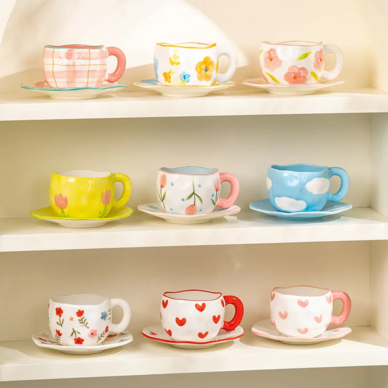 Ceramic Mugs & Saucers Set Coffee Cups Hand Pinched Irregular Flower Milk Tea Cup Ins Style Oatmeal Breakfast Mug Drinkware Oasis Select