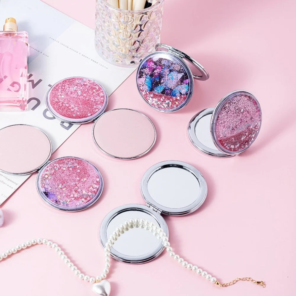Quicksand Makeup Round Mirror Cute Girl Cartoon Double-sided Mirror Portable Makeup Mirror Home Decoration Accessories Oasis Select