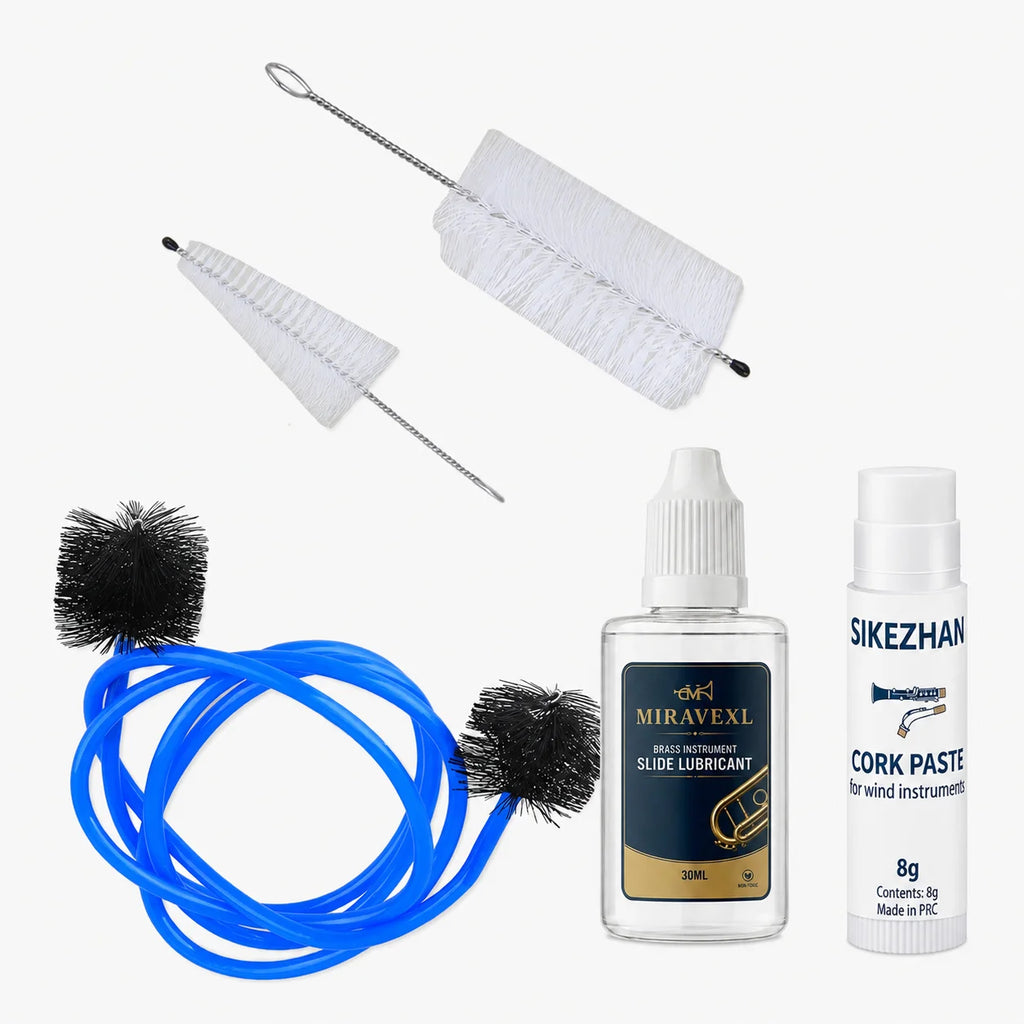 Musical Instrument Care Kit – Valve Oil, Cork Grease & Cleaning Brushes for Brass & Woodwind Instruments, Professional Set Oasis Select 3-Piece Set