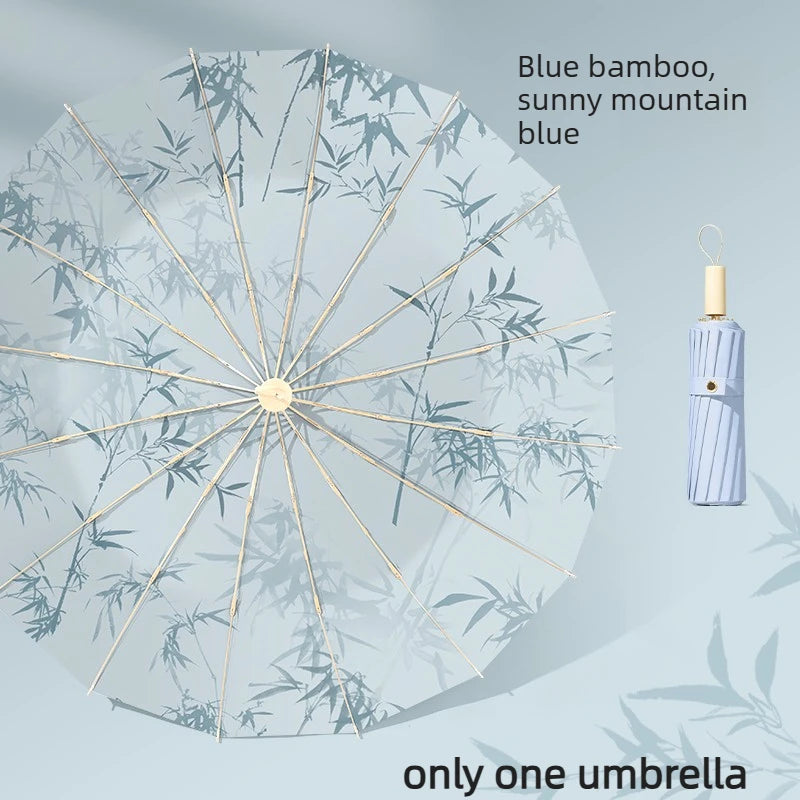6 Ribs Reinforced Large Folding Umbrella Dual-purpose Sun Rain Umbrella UV Protection Sun Parasol for Women Oasis Select Blue bamboo Aluminum 16K