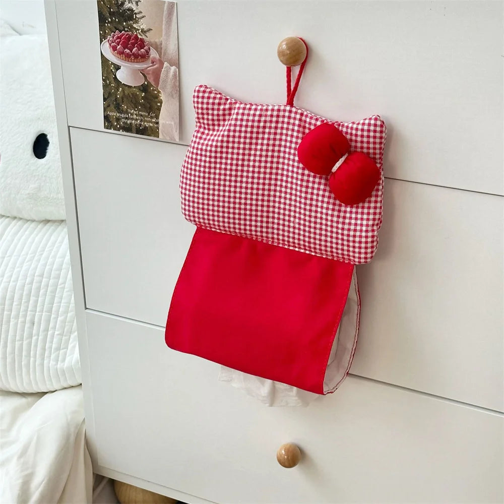 Portable Hanging Tissue Case Red Plaid Fabric Bow Tissue Box Living Room Container Home Car Towel Napkin Papers Bag Home Decor Oasis Select Red