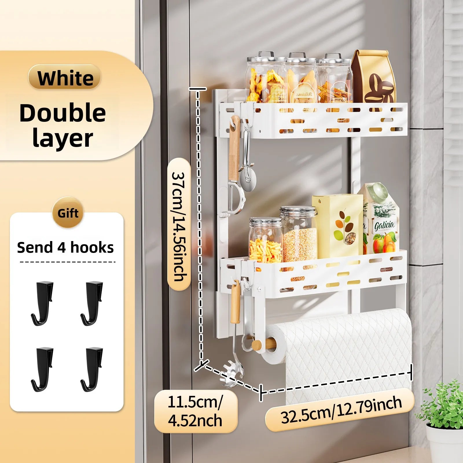 Magnetic refrigerator shelf Wall hanging No punching Refrigerator side hanger Folding kitchen roll paper rack Magnetic fragrance Oasis Select White