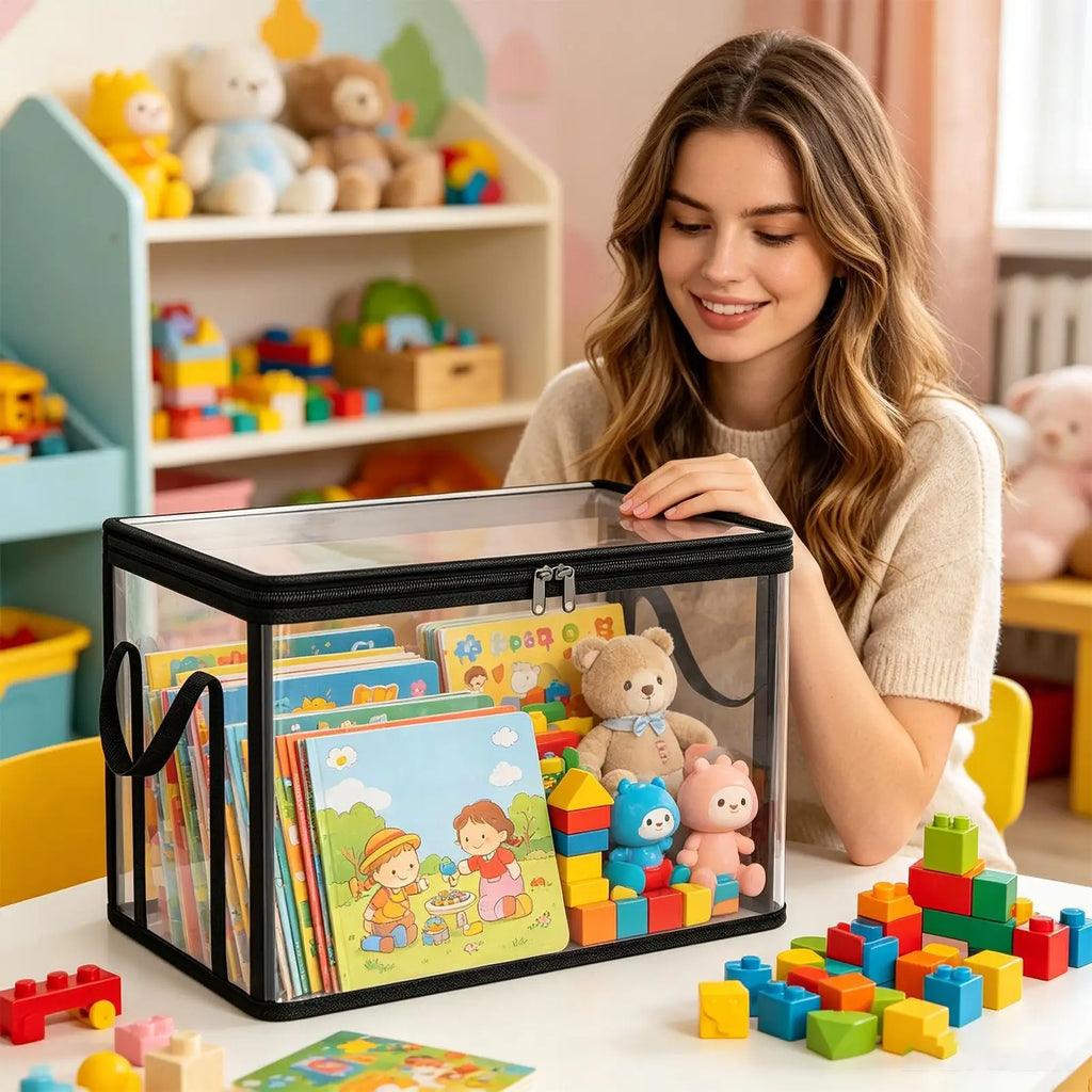 Book Storage Box Clear Stackable Large Capacity Book Storage Containers Organization Bins for Toy Snack Bedding Clothes Home Oasis Select