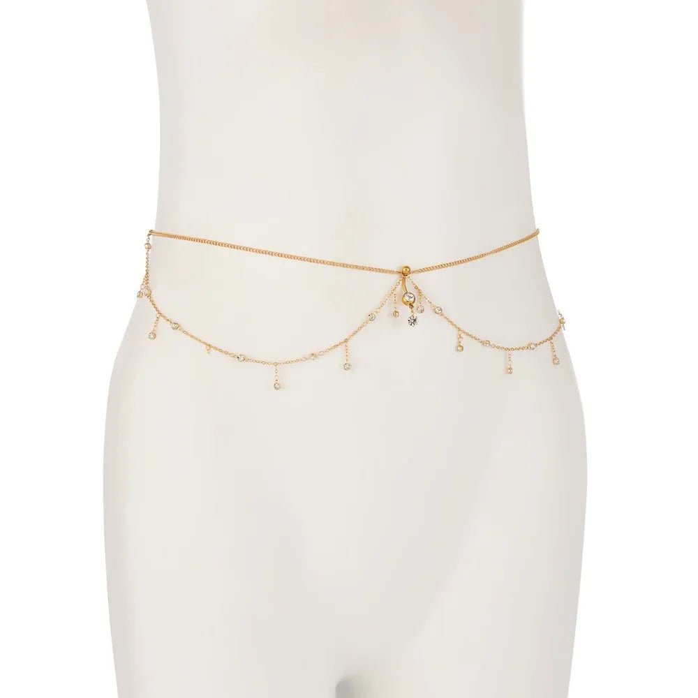 Water Drop Pendant Boho Waist Chain Double Layer Sparkling Zircon Belly Waist Chain Gold Silver Color Tassel Oasis Select Gold
