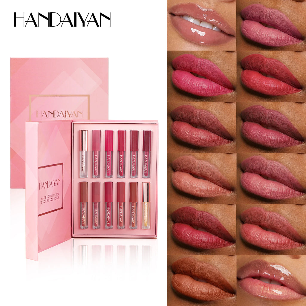 Handaiyan 12-Shade Velvet Matte Lip Gloss Set – Waterproof