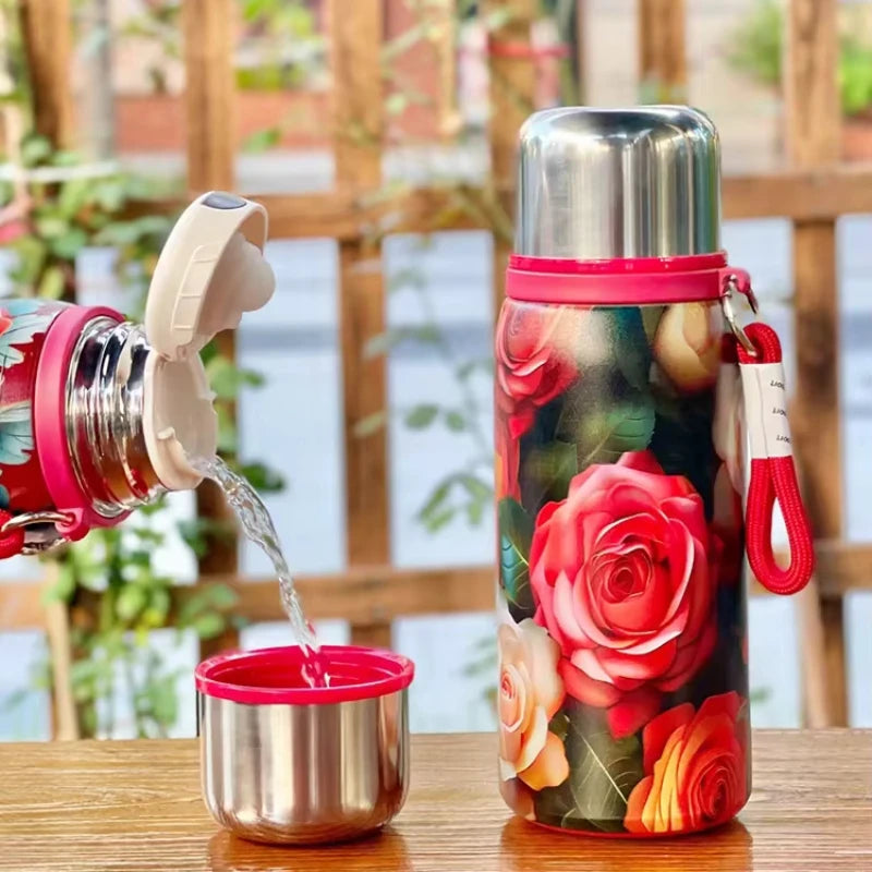 Retro Chinese Rose Printed Stainless Steel Insulated Cup Large Capacity Portable Car Insulated Water Cup Oasis Select
