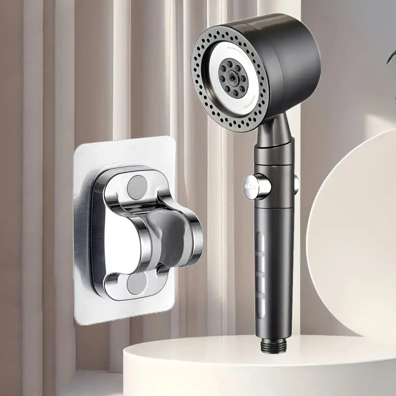 New High Pressure Water Saving Filter Shower Head 5 Modes Handheld Shower Head One Button Stop Bathroom Accessories Set Oasis Select Gray-Bracket
