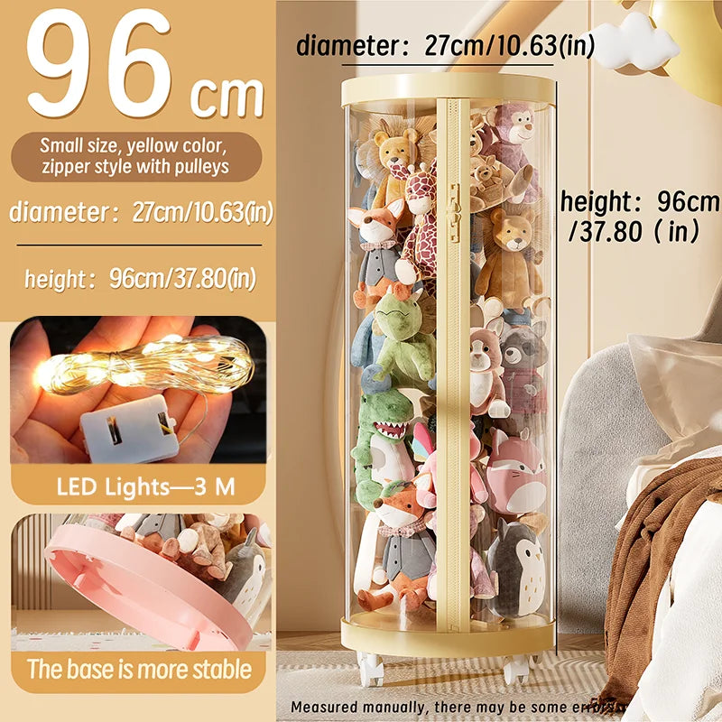 Transparent Doll Storage Box Plush Toy Organization Toy Storage Tube DIY Zipper Bins Kid Christmas Gift Children's Toy Organizer Oasis Select yellow-S-wheel-Light