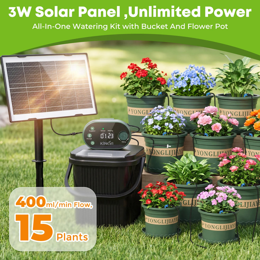 Solar Irrigation System 3W Auto Watering Drip Kit for 15 Pots, with 22 Timer Modes&15 Drip Heads Suitable for Garden Balcony Etc Oasis Select