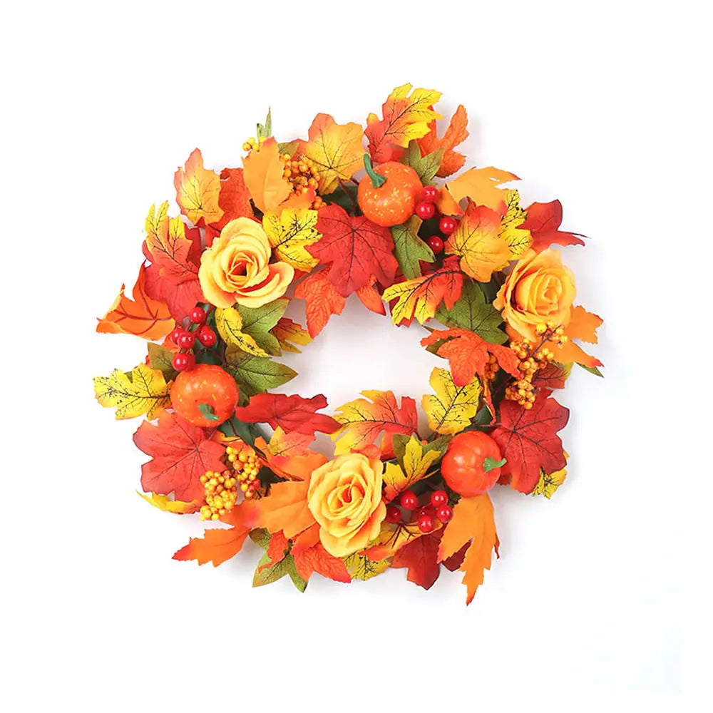 Autumn Door Wreath Christmas Halloween Decoration Pumpkin Berry Pine Cone Maple Artificial Cloth Rattan Material Home decoration Oasis Select Orange