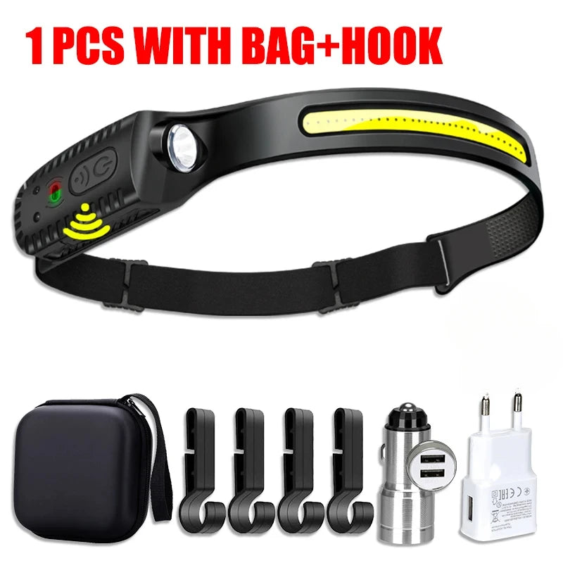 KDULIT XPE+COB LED Headlamp | USB Rechargeable, Motion Sensor