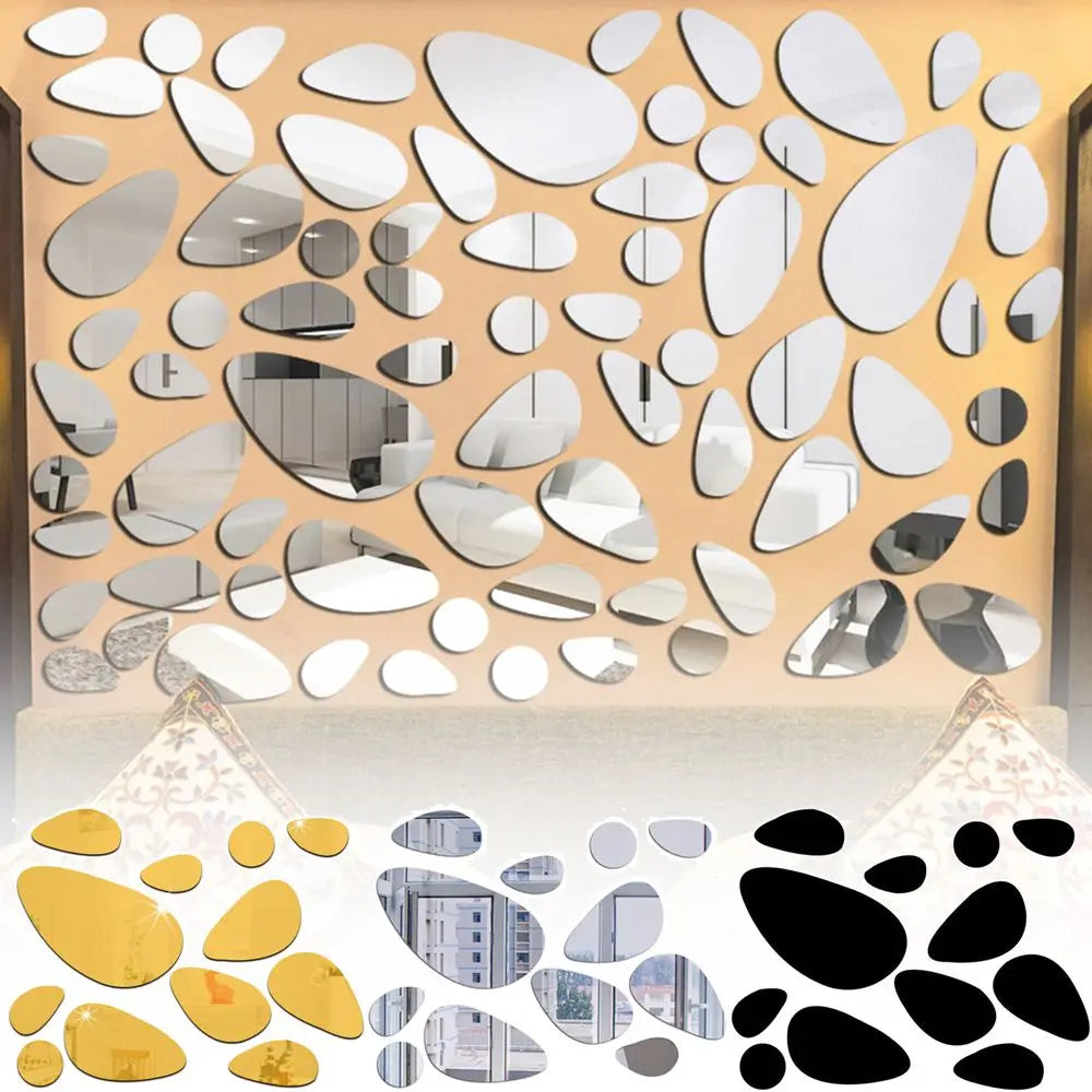 Self-adhesive Mirror Surface Wall Stickers 3D Pebble Decals Removable Vinyl Mural Art Wall Decal Living Room Ornament Oasis Select