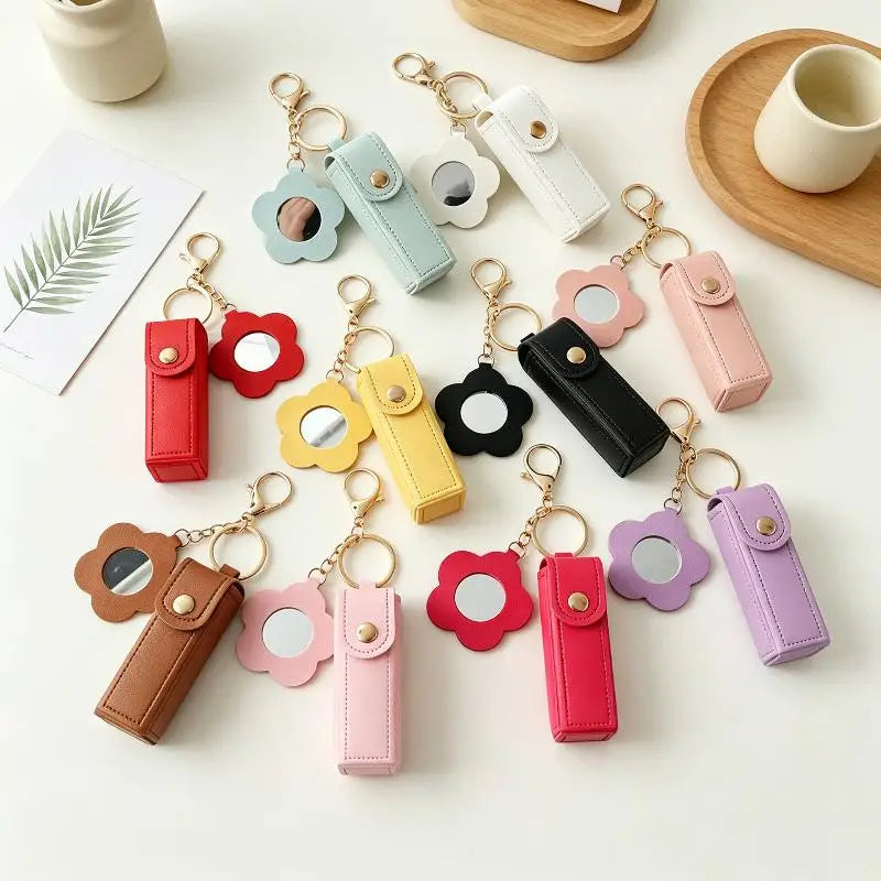 PU Leather Lipstick Holder Keychain with Flower Mirror