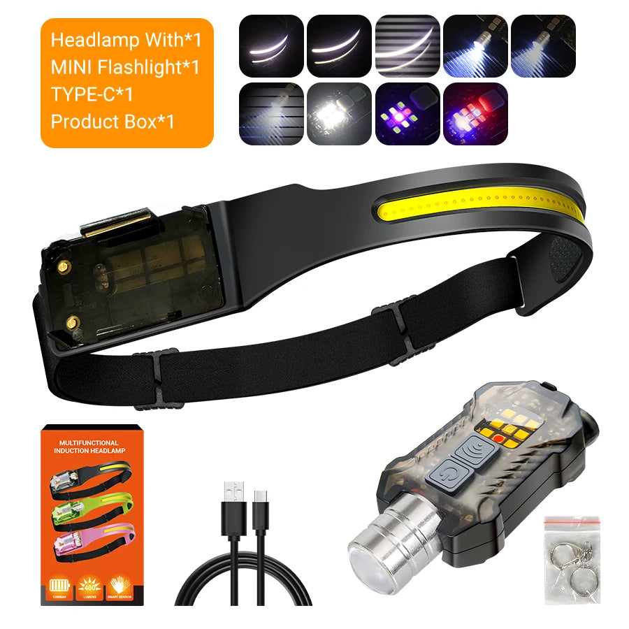 Induction COB LED Headlamp USB Rechargeable Headlight with 9 Lighting Modes Outdoor Camping Fishing Lantern Working Light Lamp Oasis Select XW005 Black