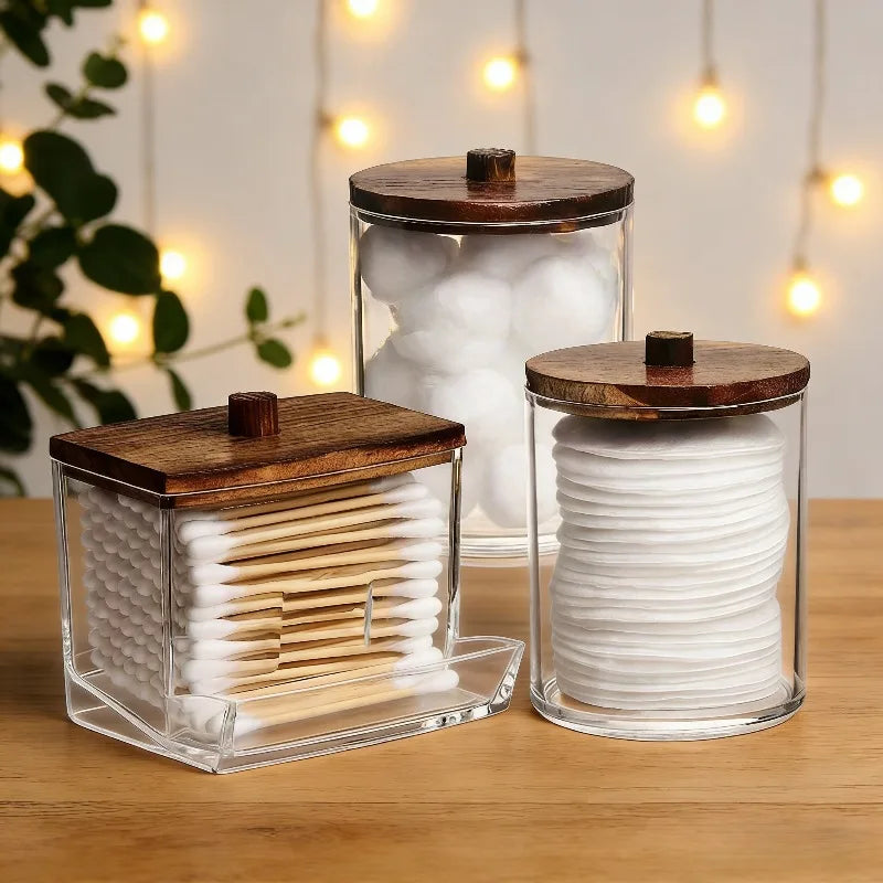 Transparent Plastic Storage Jar with Lid—Perfect for storing cotton swabs, makeup pads, dental floss, and jewelry | Compact bath Oasis Select set A
