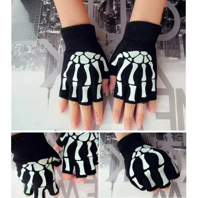 1-10pairs New Adult Cosplay Halloween Skeleton Skull Half Finger Punk Gloves Glow in the Dark Fingerless Stretch Knitted Mittens Oasis Select