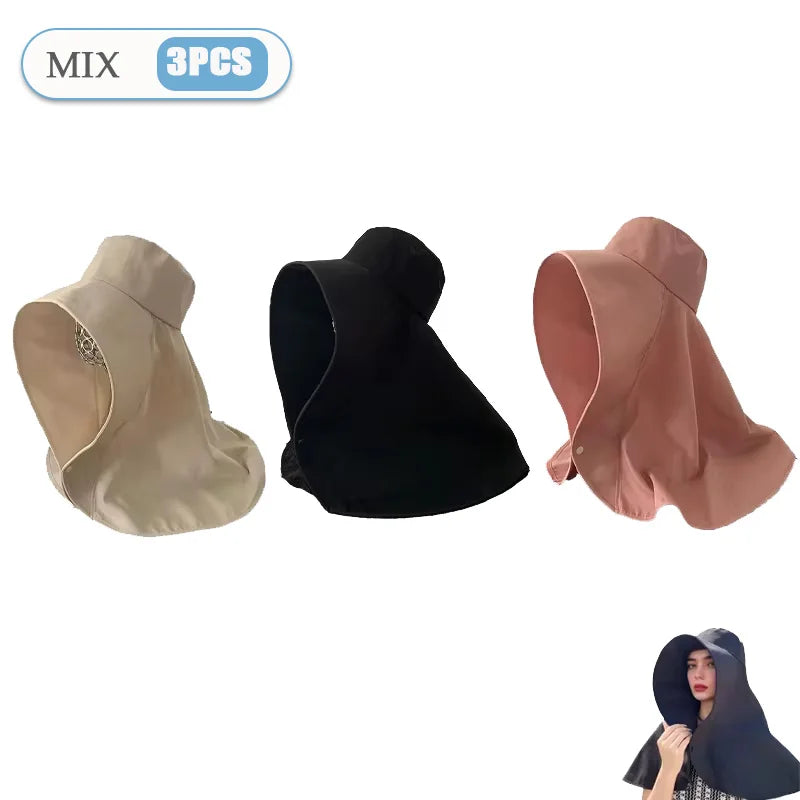 Women‘s Summer Sun Protection Hat with Face Cover Neck Flap Shoulder Cape Wide Brim UV Blocking for Outdoor Hiking Cycling Oasis Select Mix-3PCS One Size