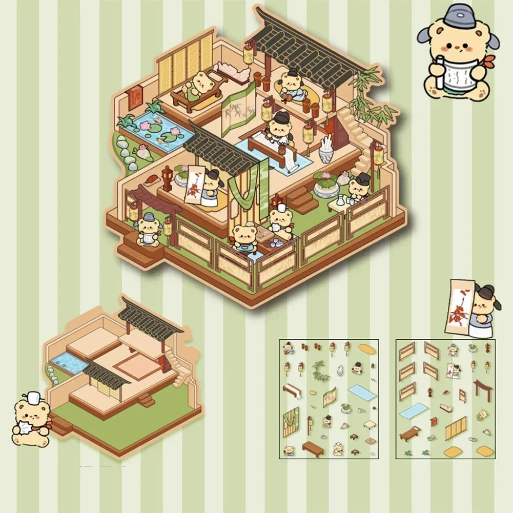 3D Cartoon Cabin DIY Scene Stacking Stickers – Reusable Set