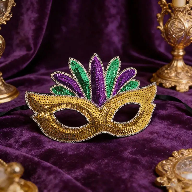 1PC Purple Green Yellow Sequin Mardi Gras Masque Masquerade Venetian Carnival Half Face Mask Halloween Cosplay Accessories Oasis Select