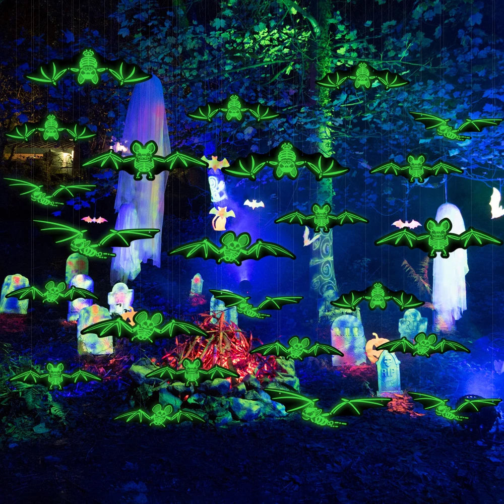 Glow-in-the-Dark Bat Ornament Halloween Glowing Bat-Shaped Pendant Holiday Outdoor Fluorescent Decoration Oasis Select