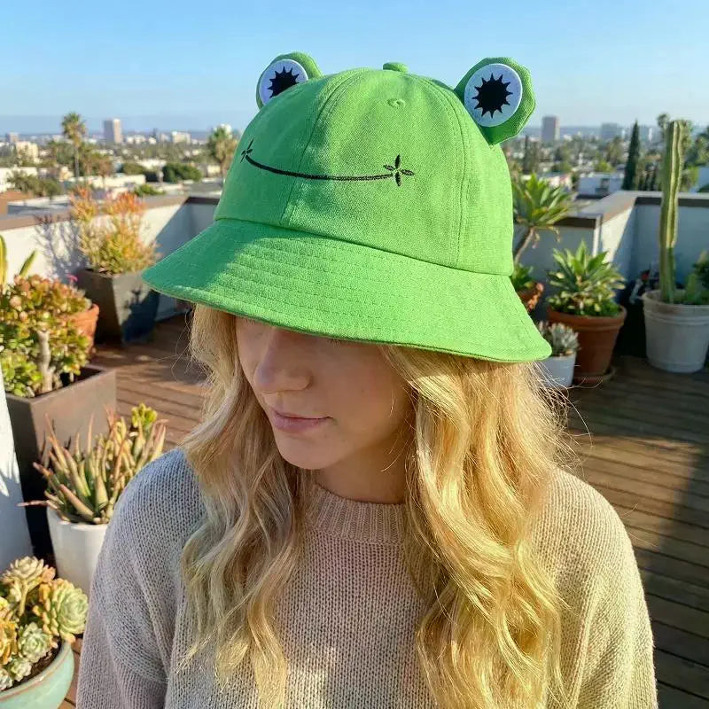 Women's New Frog Bucket Hats Summer Outdoor Cotton Wild Panama Fishing Sun Protection Sunscreen Casual Bob Caps Oasis Select