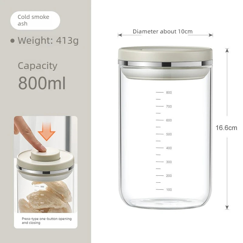 Glass Jar Micro Vacuum Sealed Jar Press Moisture-proof Flower Glue Tangerine Peel Storage Coffee Bean Storage Oasis Select smoke gray-800ml
