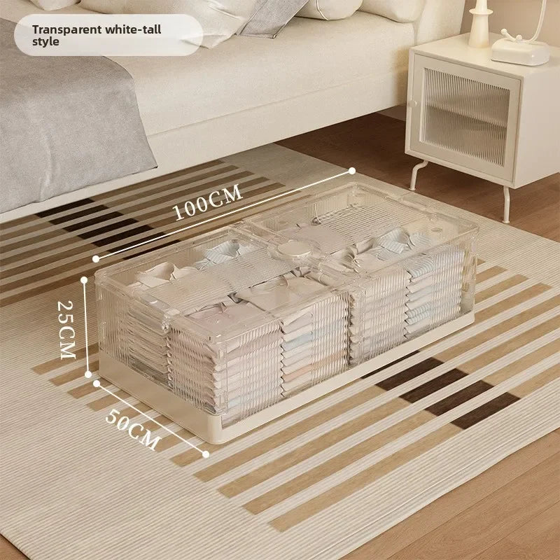 Folding storage ******der the bed Plastic transparent extra large roller dustproof storage box Clothes quilt finishing box Oasis Select White-E