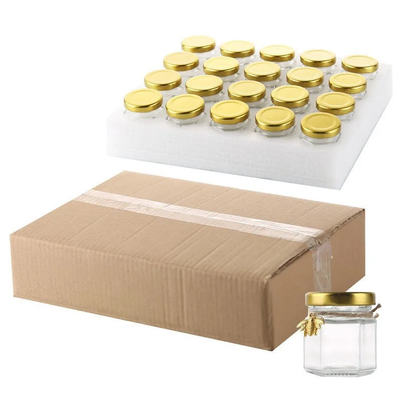 45ml Hexagonal Mini Glass Honey Jar with Wood Dipper Bee Pendants and Jutes Yogurt Pudding Glass Bottle Suitable for Party Gifts Oasis Select 20pcs-set