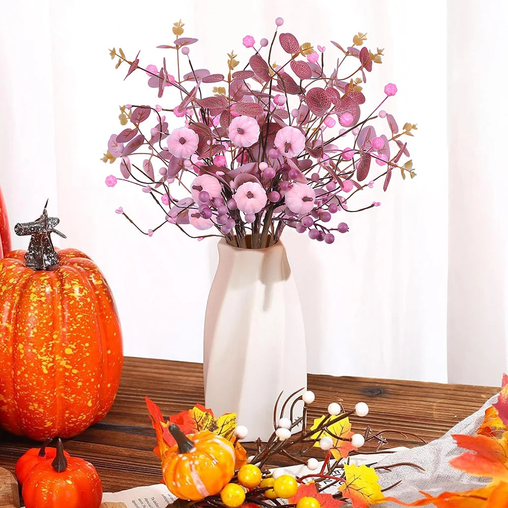 Artificial Pink Velvet Pumpkin Eucalyptus Leaf Pick Harvest Thanksgiving Pumpkin Bouquet Pink Pumpkin Branch Table Decoration Oasis Select